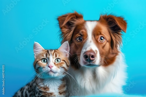 A cat and a dog are sitting together on a blue background Generative AI