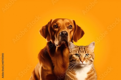 A cat and a dog are sitting together in front of an orange background Generative AI