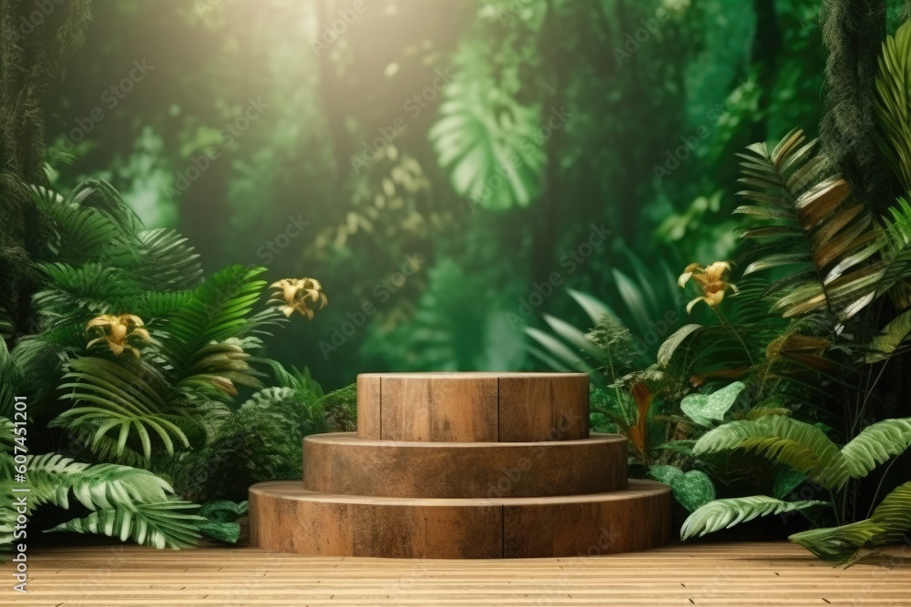 A wooden stump in the middle of a forest with a green background Generative AI A wooden stump in the middle of a forest with a green background Generative AI