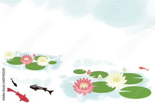 睡蓮が咲いて金魚が泳いでいる池の背景イラスト