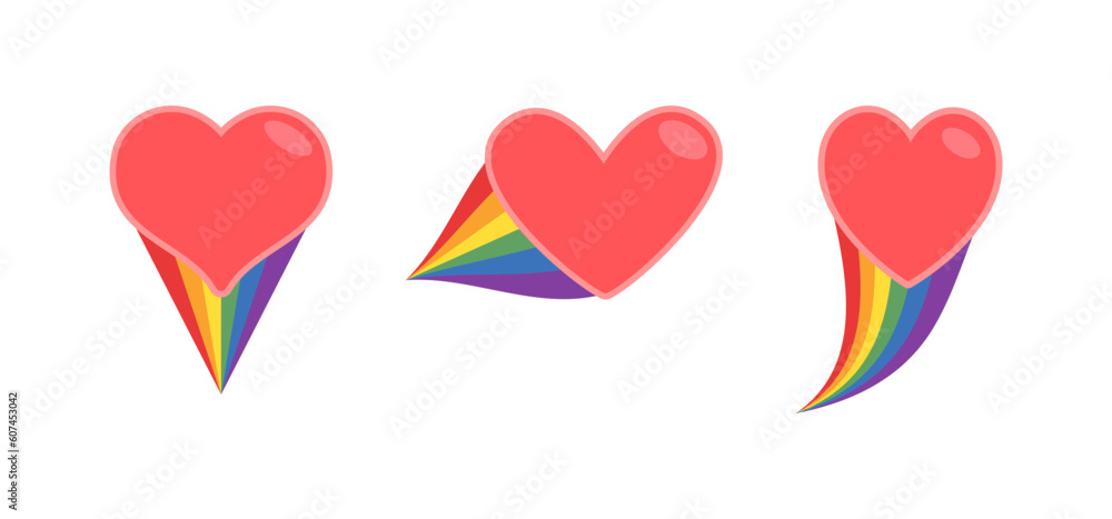 Heart icon with rainbow flag comet. Love diversity, pride month symbol.