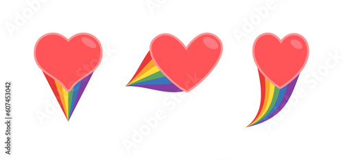 Heart icon with rainbow flag comet. Love diversity, pride month symbol.