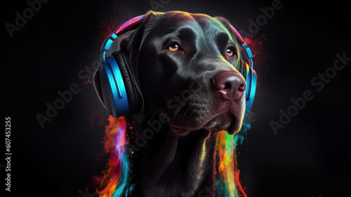 Artwork Illustration of Dog head black labrador in headphones. Dog leastening music. Generative AI