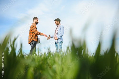 Two indian farmers standing at agriculture field. © Serhii