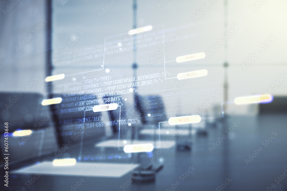 Multi exposure of abstract programming language hologram on a modern furnished office interior background, artificial intelligence and machine learning concept Multi exposure of abstract programming language hologram on a modern furnished office interior background, artificial intelligence and machine learning concept