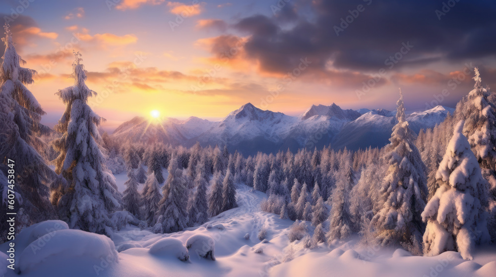Snow mountain and sunset sky background. Season and environment concept. Generative ai.
