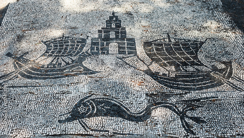 Mosaic with ships at Roman Ruins of Ostia Antica