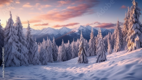 Snow mountain and sunset sky background. Season and environment concept. Generative ai. © tonktiti