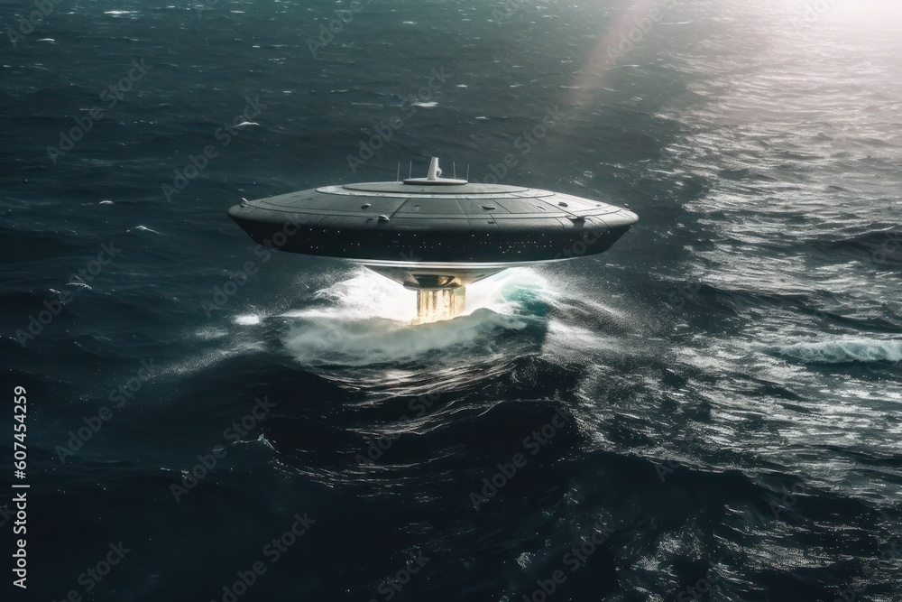 Naklejka premium UFO, an alien spaceship with a blue beam of light, takes off from under the water upwards, lifting tons of water. realistic illustration. Generative AI