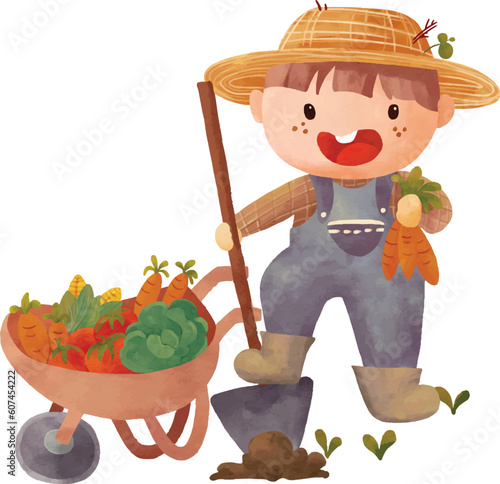 A farmer boy with a wheelbarrow full of vegetables.