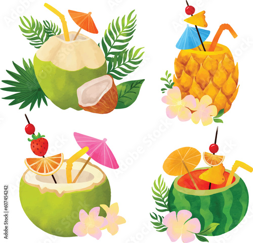 Watercolor illustration of tropical fruit cocktail drinks.