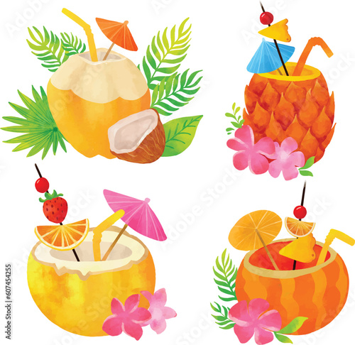 Watercolor illustration of tropical fruit cocktail drinks.