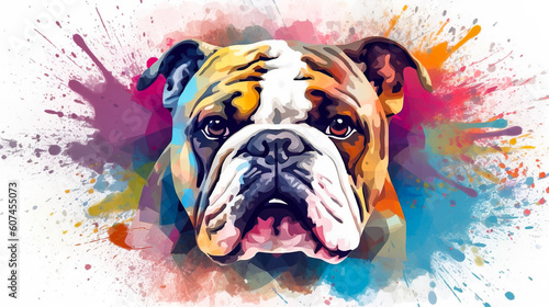 bulldog dog face illustration in abstract mixed grunge colors digital painting in minimal graphic art style. Digital illustration generative AI. 