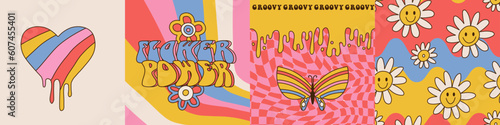 Groovy Hippie 70s square cards Set . Flower power Trippy Psychedelic banners - Daisy Flowers, Melting Wavy Stripes in Retro Cartoon Style for Case Phone, Posters, Cards, Social media Stories. Vector.