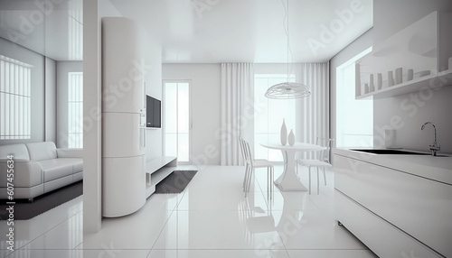 3d model of white contemporary kitchen and white living room, monochromatic interior
