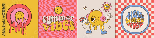 Set of groovy square cards with Melting Smiling faces with phrases - Summer vibes, Have a nice trip. Yellow groovy emoji, dripping melty funny character and lettering, 70s hippie psychedelic card