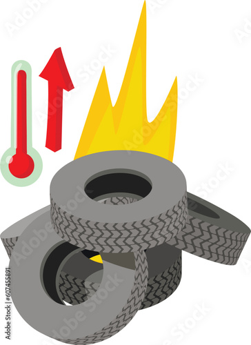 Tire burning icon isometric vector. Burning worn car tire and red thermometer. Environmental pollution concept