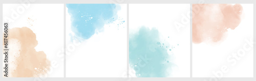 Set of 4 Delicate Abstract Watercolor Style Vector Layouts. Beige, Coral and Light Blue Paint Stains on a White Background. Pastel Color Stains and Splatter Prints with Copy Space. Watercolor Layouts.