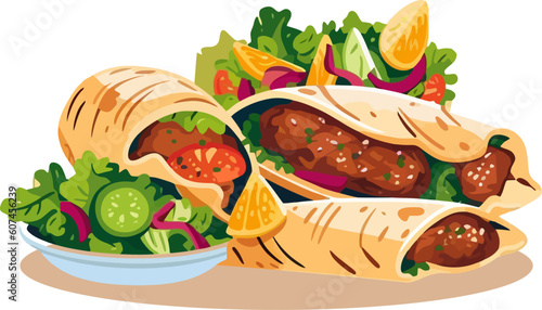Turkish kebab in Shawarma bread complemented by fresh, crisp vegetables