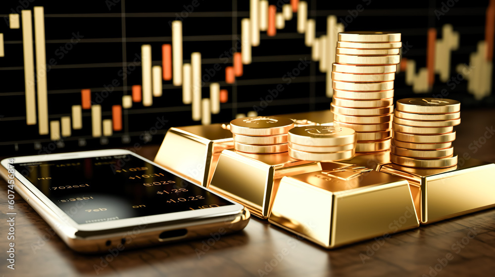 Gold bar with investment concepts.market price monitor.financial economy and strategy.wealth of investor asset.generative ai technology Gold bar with investment concepts.market price monitor.financial economy and strategy.wealth of investor asset.generative ai technology