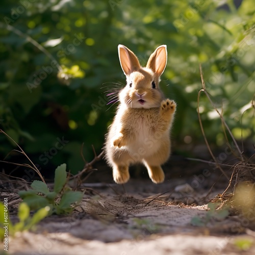 Rhinelander Bunny Enjoying a Playful Hop, A Burst of Joy