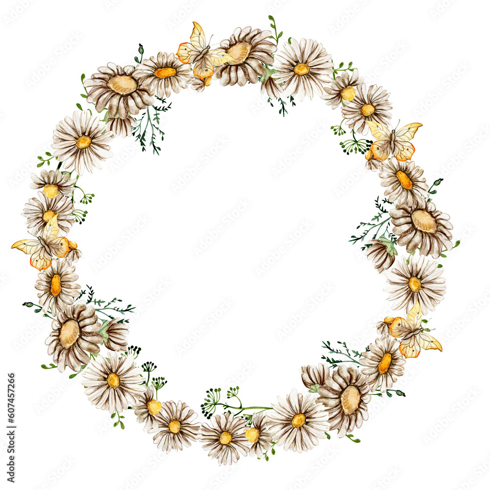 Fototapeta premium Summer chamomil flowers wreath. Watercolor illustration for scrapbooking, cards, backgrounds. Cartoon hand drawn background with summer flower for kids design. Perfect for wedding invitation.