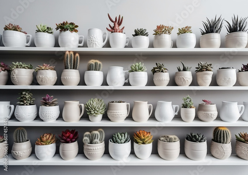 A variety of mini cacti and succulents in white ceramic or clay pots on the shelves. Generative AI