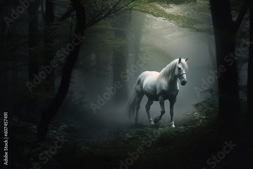 white horse in a dark forest