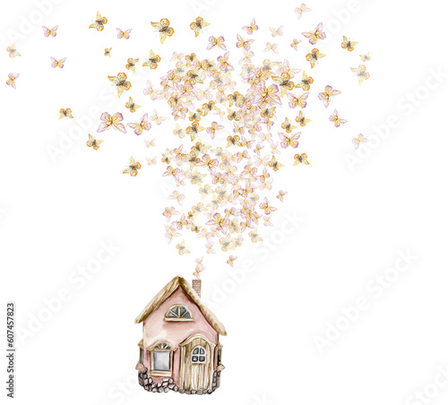 Delicate yellow butterflies fly out of the old county house. Horizontal board, watercolor illustration. For the design and decoration of postcards, posters, stickers, wallpapers, banners, souvenirs. photo