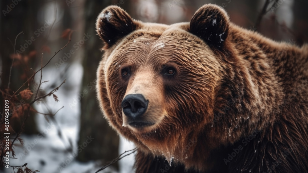 portrait of a big brown bear in winter. Generative AI
