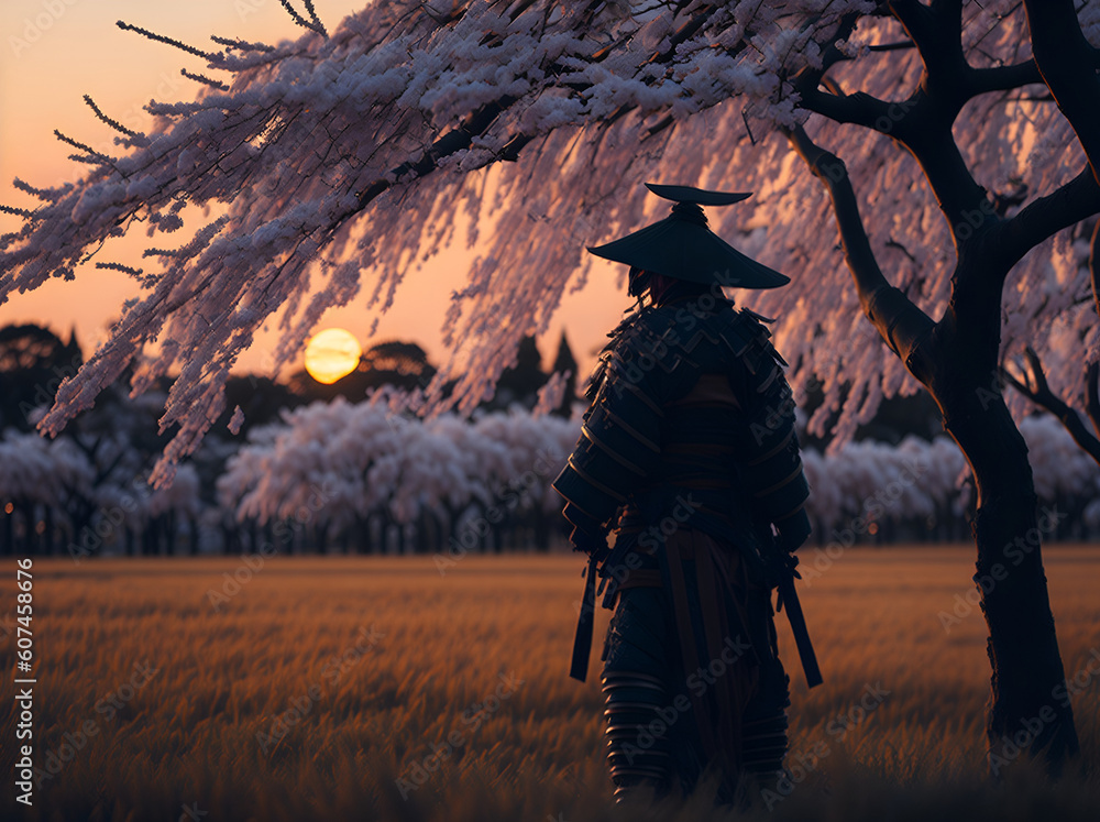 samurai at sunset next to sakura trees