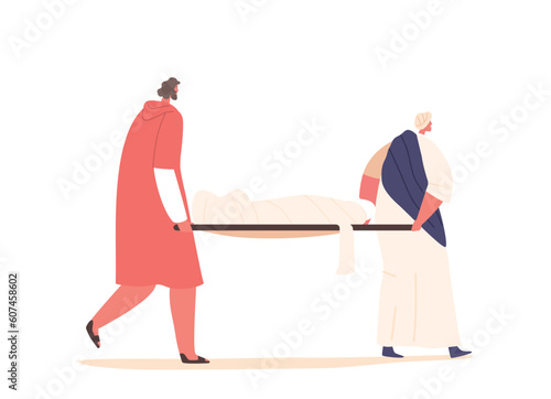 Grieving Apostle Characters Tenderly Bear The Lifeless Body Of Jesus on Stretchers Wrapped in Linen, Vector Illustration