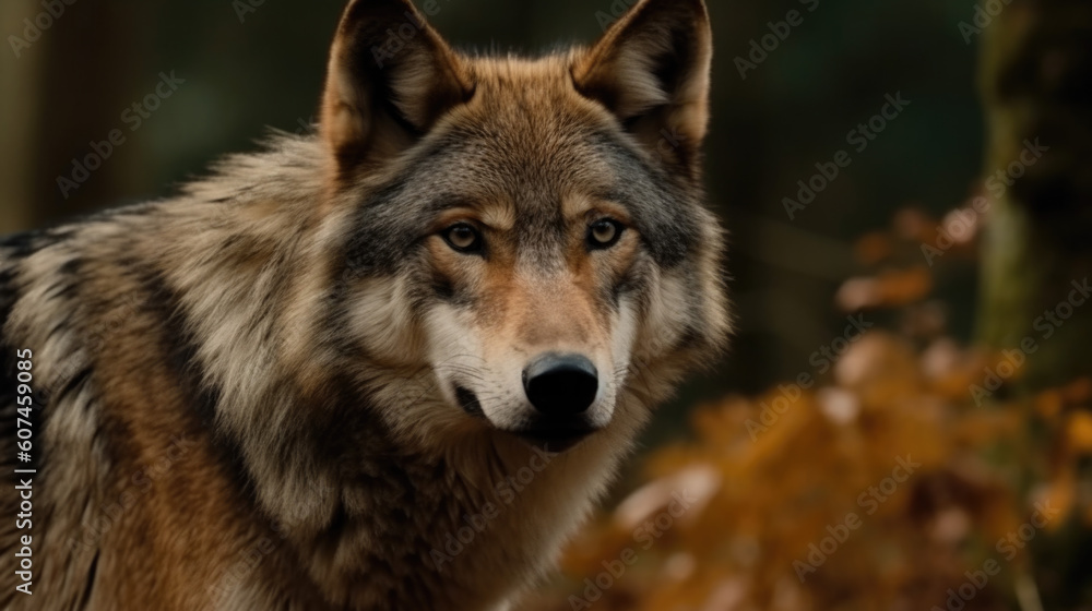 a wild wolf in the forest in autumn. Generative AI