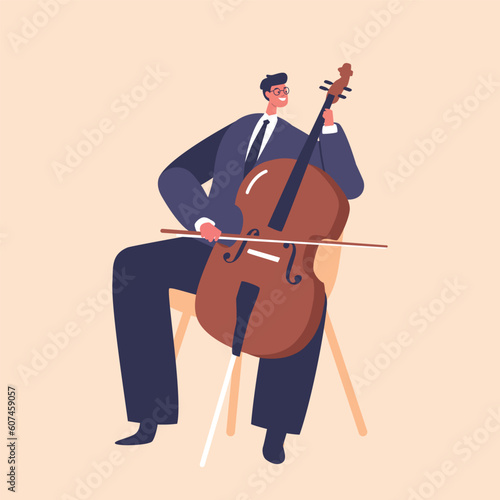 cellist playing cello, blue suit, beige background clip art preview