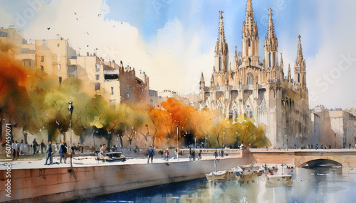 watercolor cityscape Barcelona , generative ai
