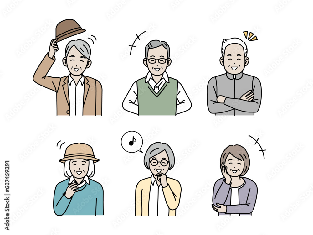 元気な高齢者、笑顔のシニアの男女セット