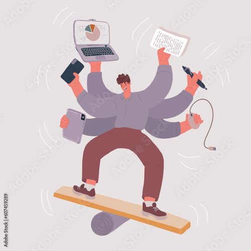 Cartoon vector illustration of Multitask man. Businessman, working calling. Balancing character with six hands holding laptop, tablet, pen, stack of paper, mouse. Workaholic and deadline concept.