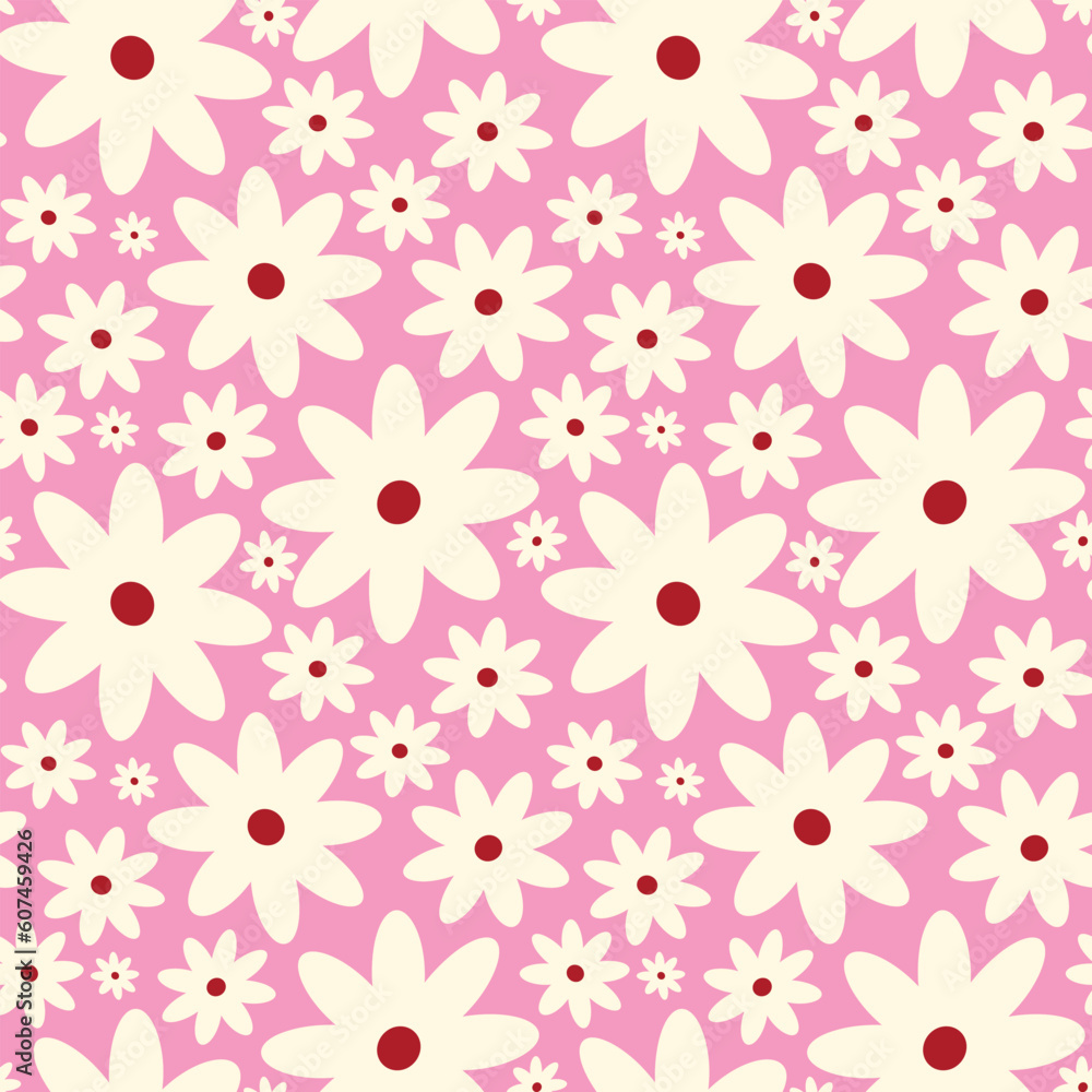 Creative vibrant playful quirky Retro floral pattern in 60s in bright juicy pink and beige colors Creative vibrant playful quirky Retro floral pattern in 60s in bright juicy pink and beige colors