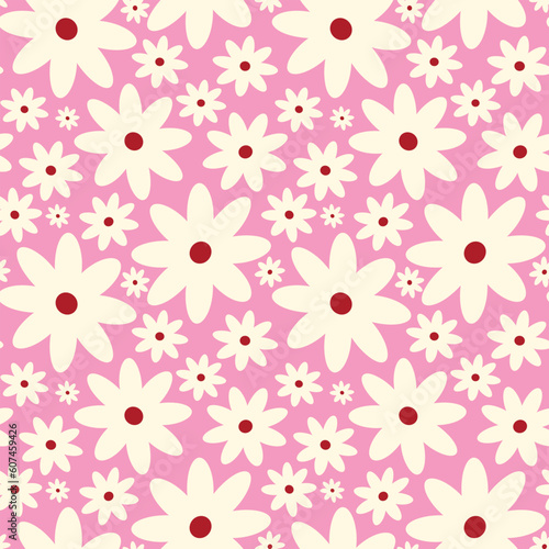 Creative vibrant playful quirky Retro floral pattern in 60s in bright juicy pink and beige colors