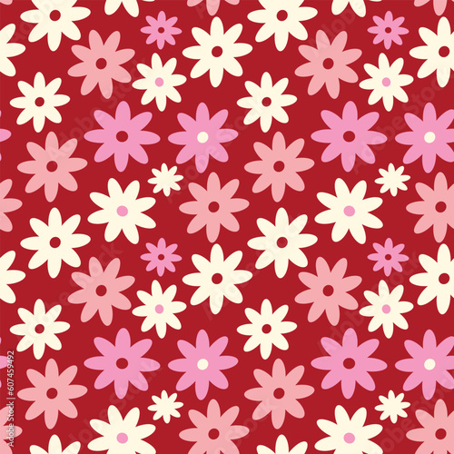 Red Playful stylized creative vibrant quirky Retro floral pattern in 60s in bright pink and red juicy colors © Tatyana Olina