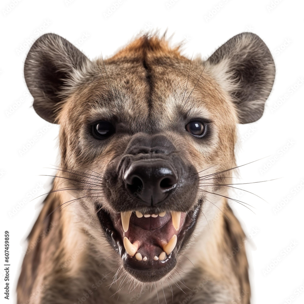 Front view close up of hyena animal isolated on transparent background - obrazy, fototapety, plakaty 