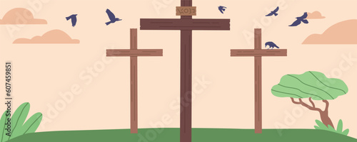 Sacred Symbol Of Christianity, Three Crosses On Calvary Represents The Crucifixion Of Jesus Christ, Embodying Sacrifice photo