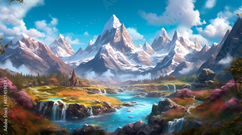 The fantasy valley is surrounded by mountains and a river in the digital art style. Playful cartoon illustrations. Richly detailed backgrounds. Vibrant cartography. Drawing Painting. Generative AI. 