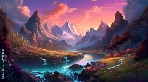 The fantasy valley is surrounded by mountains and a river in the digital art style. Playful cartoon illustrations. Richly detailed backgrounds. Vibrant cartography. Drawing Painting. Generative AI. 