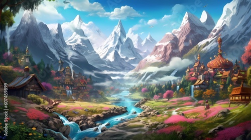 The fantasy valley is surrounded by mountains and a river in the digital art style. Playful cartoon illustrations. Richly detailed backgrounds. Vibrant cartography. Drawing Painting. Generative AI.  © info@nextmars.com