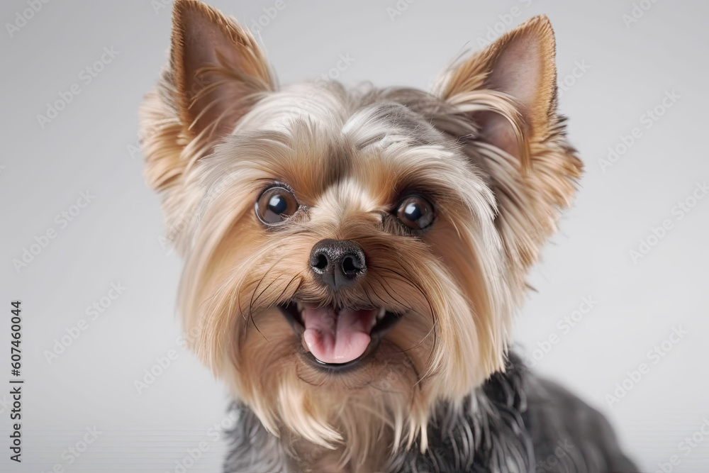 Close up portrait of Yorkshire Terrier on white background with open mouth and pink tongue. Grooming. Generated Ai Close up portrait of Yorkshire Terrier on white background with open mouth and pink tongue. Grooming. Generated Ai