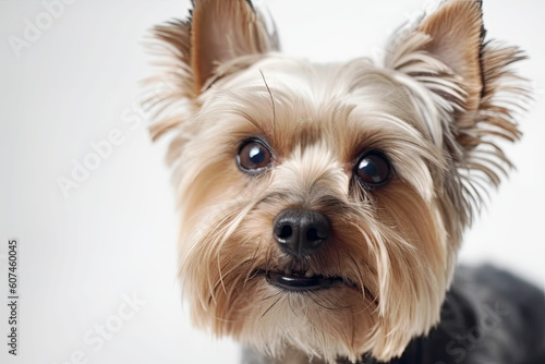 CLose up portrait of Yorkshire Terrier on white background. Grooming. Generated Ai