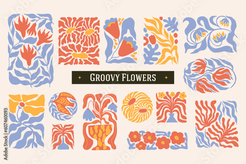 Set of retro groovy flowers and plants