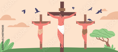 Crucifixion, A Profound Biblical Scene Depicting Jesus On The Cross With Two Thieves By His Sides, Symbolizing Sacrifice photo