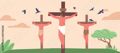 Crucifixion, A Profound Biblical Scene Depicting Jesus On The Cross With Two Thieves By His Sides, Symbolizing Sacrifice
